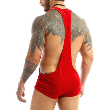 Men's Xmas Bodysuit with Bowtie / Racerback Red Leotard with Faux Feather / Sexy Clothing for Men - EVE's SECRETS